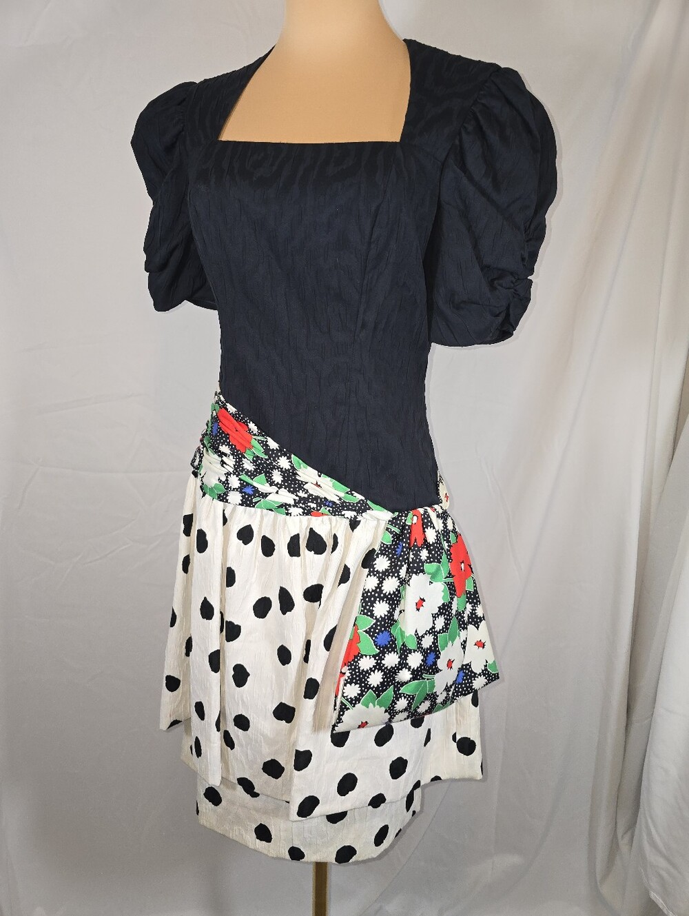 Vintage Black Puff-Sleeve Dress with Polka Dot & Floral Skirt